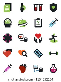 Color and black flat icon set - heart vector, diagnosis, syringe, blood pressure, test vial, diagnostic, pills blister, tomography, ambulance star, barbell, run, shield, hand, real, pulse clipboard