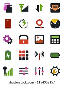 Color and black flat icon set - antenna vector, phone back, menu, gallery, settings, tuning, calculator, clock, mail, sd, data exchange, brightness, lock, cellular signal, battery, charge
