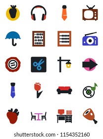 Color and black flat icon set - cafe vector, right arrow, abacus, desk, tie, stamp, garden light, real heart, umbrella, tulip, radio, headphones, cut, music, cushioned furniture, tv, ham