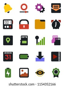 Color and black flat icon set - gallery vector, settings, alarm, stopwatch, bell, mail, sd, folder, calendar, download, brightness, place tag, lock, eye id, video, cellular signal, battery, charge