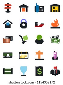 Color and black flat icon set - signpost vector, cash, office phone, support, sea shipping, cargo container, term, receipt, fragile, warehouse storage, heavy, flammable, railroad, mailbox