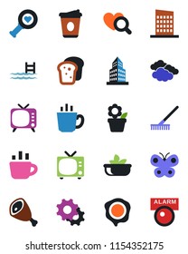 Color and black flat icon set - tv vector, clouds, coffee, stamp, flower in pot, rake, butterfly, heart diagnostic, settings, office building, pool, city house, salad, bread, ham, alarm led