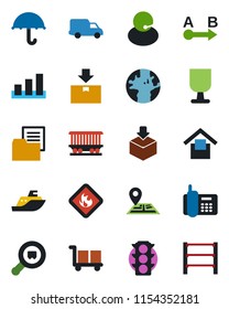 Color and black flat icon set - navigation vector, earth, railroad, traffic light, office phone, support, sea shipping, car delivery, folder document, fragile, cargo, umbrella, warehouse storage