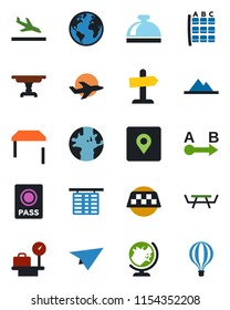 Color and black flat icon set - taxi vector, arrival, reception bell, passport, globe, seat map, flight table, luggage scales, picnic, earth, plane, route, place tag, mountains, paper, guidepost