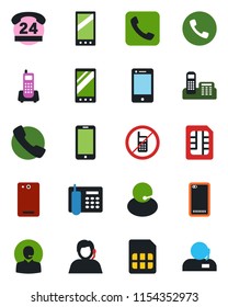 Color and black flat icon set - phone vector, no mobile, office, 24 hours, support, cell, back, call, sim