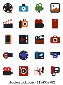 Color and black flat icon set - camera vector, clapboard, film frame, reel, video, phone back, mobile, gallery, web, intercome