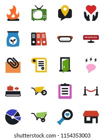 Color and black flat icon set - fence vector, baggage conveyor, brainstorm, wheelbarrow, fire, fertilizer, heart diagnostic, hand, mobile tracking, clipboard, paper clip, pie graph, binder, tv, door
