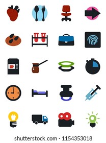 Color and black flat icon set - spoon and fork vector, coffee machine, bed, right arrow, office chair, bulb, seeds, syringe, blood test vial, real heart, car delivery, stopwatch, fingerprint id