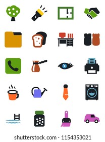 Color and black flat icon set - desk vector, tie, watering can, pills bottle, eye, call, themes, folder, torch, coffee, printer, pool, fruit tree, plan, washer, salt and pepper, bread, turkish, car