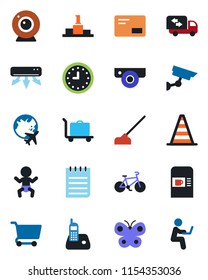 Color and black flat icon set - baggage trolley vector, coffee machine, baby, border cone, plane globe, notepad, butterfly, hoe, bike, clock, radio phone, mail, moving, air conditioner, web camera