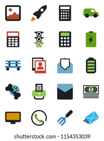 Color and black flat icon set - printer vector, garden fork, bench, broken bone, cash, traffic light, monitor, battery, mail, gallery, photo, calculator, phone, rocket, car