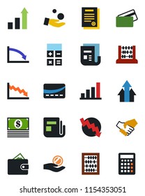 Color and black flat icon set - growth statistic vector, calculator, abacus, crisis graph, news, bar, contract, credit card, arrow up, handshake, wallet, investment, cash