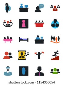 Color and black flat icon set - dispatcher vector, male, female, bed, team, meeting, manager place, doctor, pregnancy, client, speaker, group, company, hr, desk, career ladder, estate agent