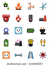 Color and black flat icon set - factory vector, ladder, fire, barbell, rca, battery, charge, windmill, home control, socket, power plug, remote, bulb, sun panel, alarm led