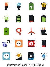 Color and black flat icon set - oil barrel vector, battery, low, brightness, charge, sun panel, windmill, socket, power plug, water heater, bulb, energy saving, idea