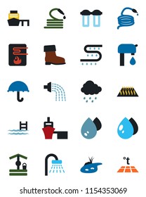 Color and black flat icon set - shower vector, watering, boot, water drop, rain, well, hose, drip irrigation, sea port, umbrella, pond, pool, supply, heater, filter, warm floor