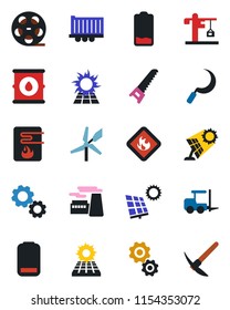 Color and black flat icon set - fork loader vector, factory, saw, sickle, truck trailer, flammable, oil barrel, reel, low battery, sun panel, crane, water heater, windmill, gear, hard work