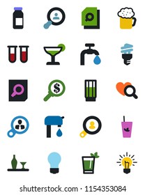 Color and black flat icon set - document search vector, bulb, blood test vial, heart diagnostic, ampoule, water supply, client, alcohol, drink, cocktail, phyto bar, beer, energy saving, consumer