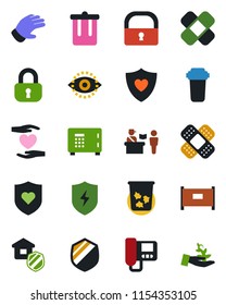 Color and black flat icon set - fence vector, passport control, trash bin, safe, glove, patch, heart shield, hand, protect, lock, eye id, estate insurance, intercome, water filter, palm sproute