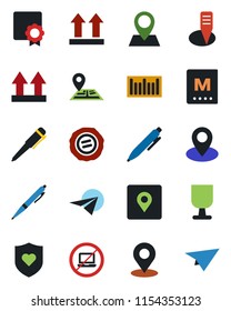 Color and black flat icon set - no laptop vector, pen, stamp, plant label, heart shield, navigation, pin, fragile, up side sign, barcode, place tag, sertificate, menu, paper plane