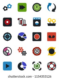 Color and black flat icon set - gear vector, contract, circle chart, stamp, play button, fast forward, rec, update, record, eye id, pie graph, target, flower in pot, washer, clock, crisis management