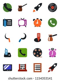 Color and black flat icon set - alarm clock vector, phone, abacus, sickle, plant label, reel, vinyl, tv, radio, call, office, turkish coffee, rocket