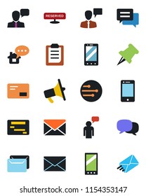 Color and black flat icon set - mobile phone vector, speaking man, mail, loudspeaker, cell, speaker, paper pin, message, network, clipboard, reserved, home, schedule