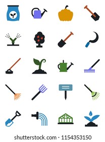 Color and black flat icon set - job vector, shovel, farm fork, rake, watering can, sproute, hoe, sickle, plant label, pumpkin, greenhouse, fertilizer, fruit tree, irrigation