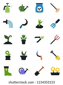Color and black flat icon set - job vector, flower in pot, garden fork, shovel, farm, rake, seedling, watering can, sproute, pruner, boot, sickle, sprayer, fertilizer