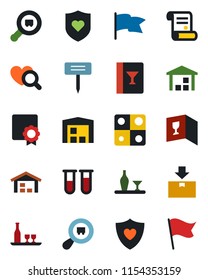 Color and black flat icon set - contract vector, plant label, blood test vial, heart diagnostic, shield, warehouse, package, search cargo, application, sertificate, alcohol, wine card, flag