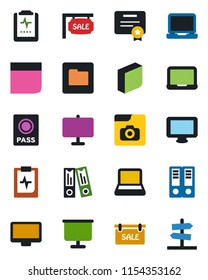 Color and black flat icon set - passport vector, office binder, notebook pc, pulse clipboard, monitor, laptop, folder, photo gallery, presentation board, blank box, sale, certificate, guidepost