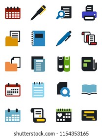 Color and black flat icon set - contract vector, book, document search, pen, notepad, calendar, printer, medical, folder, news, copybook, schedule
