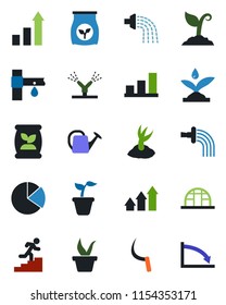 Color and black flat icon set - growth statistic vector, seedling, watering can, sproute, sickle, greenhouse, fertilizer, drip irrigation, bar graph, pie, career ladder, arrow up, crisis