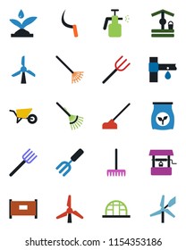 Color and black flat icon set - fence vector, garden fork, farm, rake, wheelbarrow, well, hoe, sickle, greenhouse, sprayer, fertilizer, drip irrigation, windmill