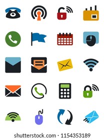 Color and black flat icon set - phone vector, mail, mouse, calendar, update, wireless, calculator, lock, flag