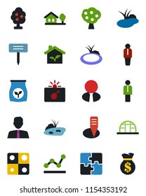 Color and black flat icon set - bomb in case vector, manager, plant label, greenhouse, pond, fertilizer, application, point graph, house with tree, fruit, estate agent, eco, money bag