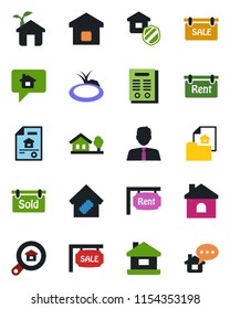 Color and black flat icon set - house vector, pond, contract, with tree, estate document, sale, rent, sold signboard, search, agent, smart home, insurance, eco, message