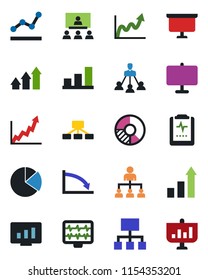 Color and black flat icon set - growth statistic vector, hierarchy, presentation board, monitor, circle chart, pulse, clipboard, bar graph, pie, point, arrow up, crisis