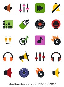 Color and black flat icon set - vinyl vector, flame disk, speaker, loudspeaker, settings, equalizer, microphone, headphones, fast forward, rca, tuning, mute, music, sound