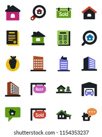 Color and black flat icon set - office building vector, house, real heart, contract, with garage, tree, rent, sold signboard, estate search, city, home message