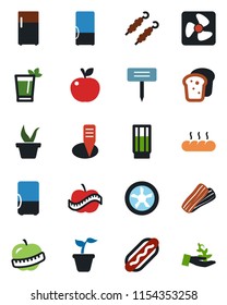 Color and black flat icon set - seedling vector, plant label, diet, fridge, drink, phyto bar, bacon, bread, kebab, hot dog, apple fruit, fan, palm sproute