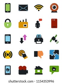 Color and black flat icon set - lock vector, mobile phone, speaking man, mail, house, satellite, video camera, cell, touch screen, finger down, back, data exchange, application, printer, wireless