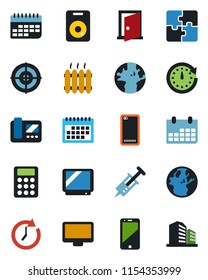 Color and black flat icon set - calendar vector, syringe, earth, term, tv, cell phone, monitor, speaker, back, application, calculator, target, heater, intercome, door, clock, office building