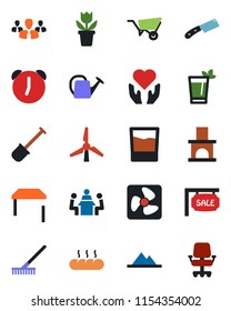 Color and black flat icon set - flower in pot vector, shovel, rake, watering can, wheelbarrow, fireplace, heart hand, alarm, meeting, windmill, mountains, sale, table, drink, phyto bar, bread, knife