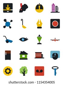 Color and black flat icon set - plane vector, pennant, mouse, tree, lawn mower, house, sun, molecule, lungs, eye, record, download, ink pen, office building, ladle, smoke detector, fridge, tie