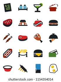 Color and black flat icon set - diet vector, fridge, cocktail, waiter, salt and pepper, cafe building, vip zone, credit card, restaurant receipt, steak, kebab, ham, hamburger, hot dog, bowl