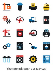 Color and black flat icon set - coffee machine vector, washer, fork loader, gear, ripper, lawn mower, tomography, printer, copier, crane, water filter, combination lock