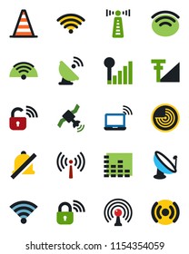 Color and black flat icon set - antenna vector, wireless notebook, border cone, radar, satellite, equalizer, mute, cellular signal, lock