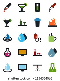 Color and black flat icon set - hot cup vector, water drop, dropper, flammable, monitor, alcohol, drink, cocktail, filter, sprinkler, flask