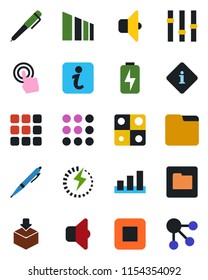 Color and black flat icon set - package vector, sorting, settings, touch screen, stop button, menu, folder, charge, application, pen, sound, information, social media